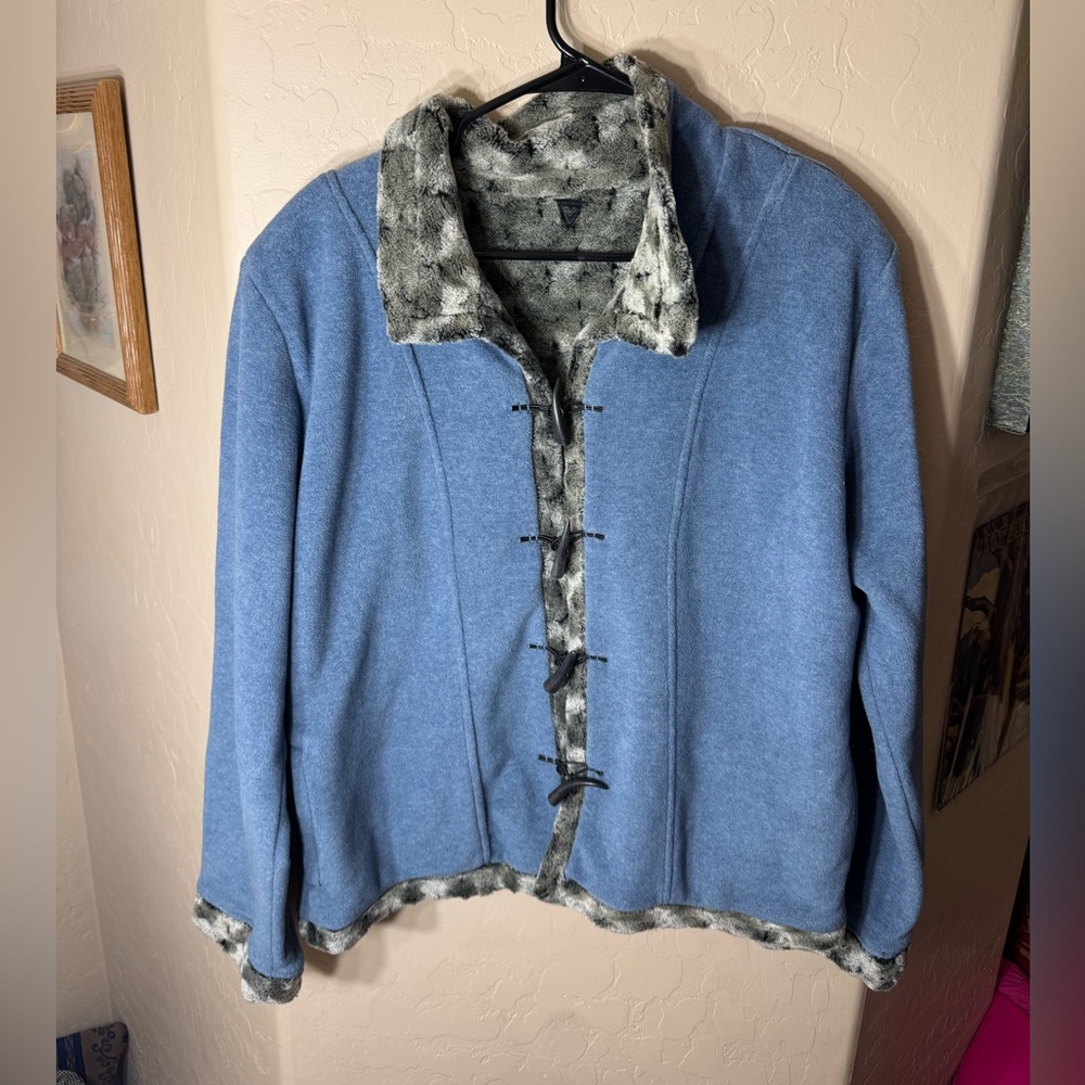 Blue Fleece Faux Fur Toggle Fastener Jacket Cozy Winter Teddy Trim XL